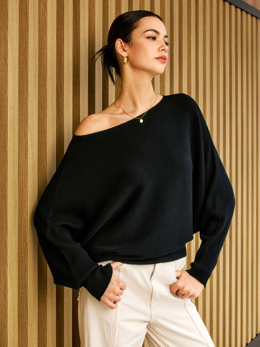 Cold Shoulder Loose Sweater in Black — Svelte Chic