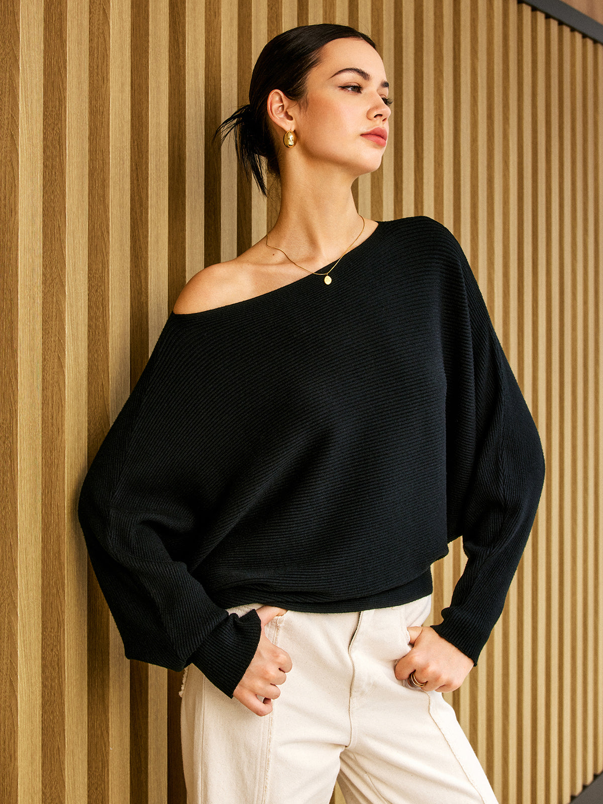 Cold Shoulder Loose Sweater in Black — Svelte Chic