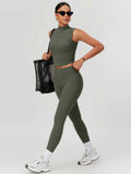 High Neck Cropped Sports Top in Army Green — Svelte Chic