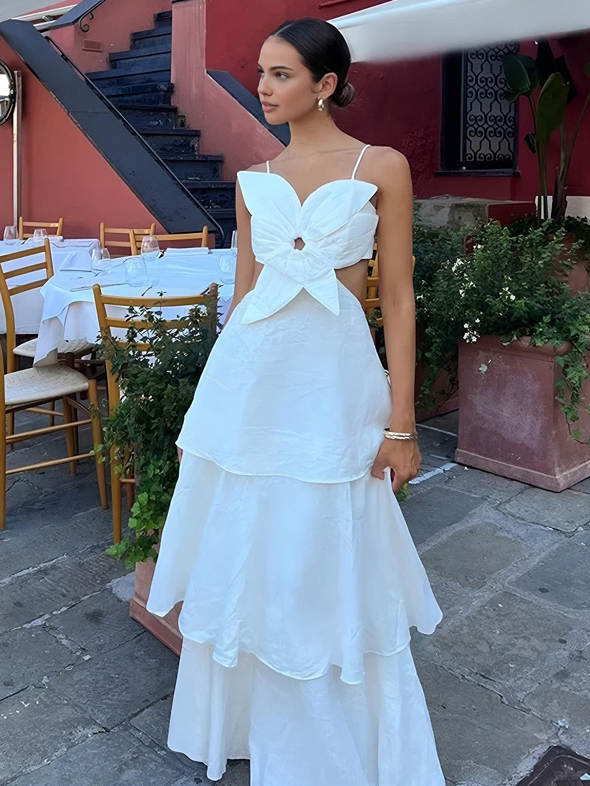 Cutwork Floral Backless Maxi Dress in White — Svelte Chic