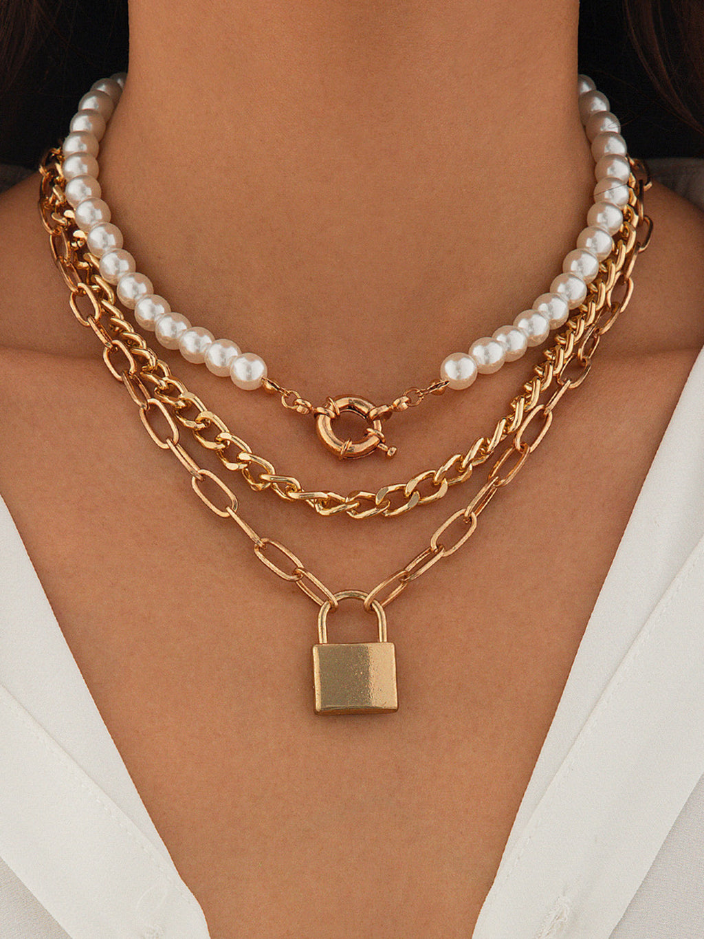 Lock Pearl Necklace Set, 3 Pieces — Svelte Chic