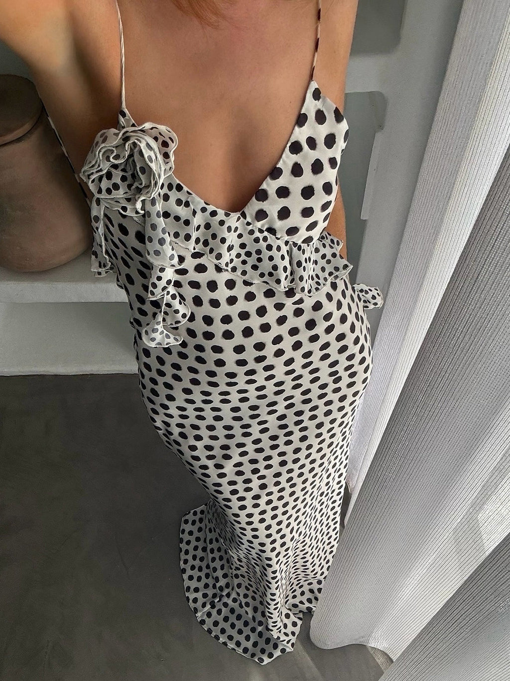 Ruffle Polka Dot Backless Cami Maxi Dress — Svelte Chic