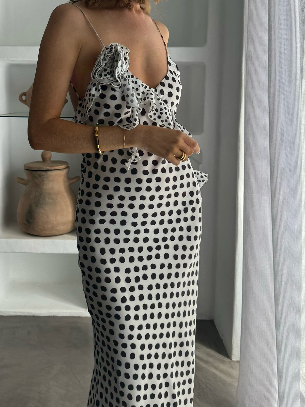 Ruffle Polka Dot Backless Cami Maxi Dress — Svelte Chic