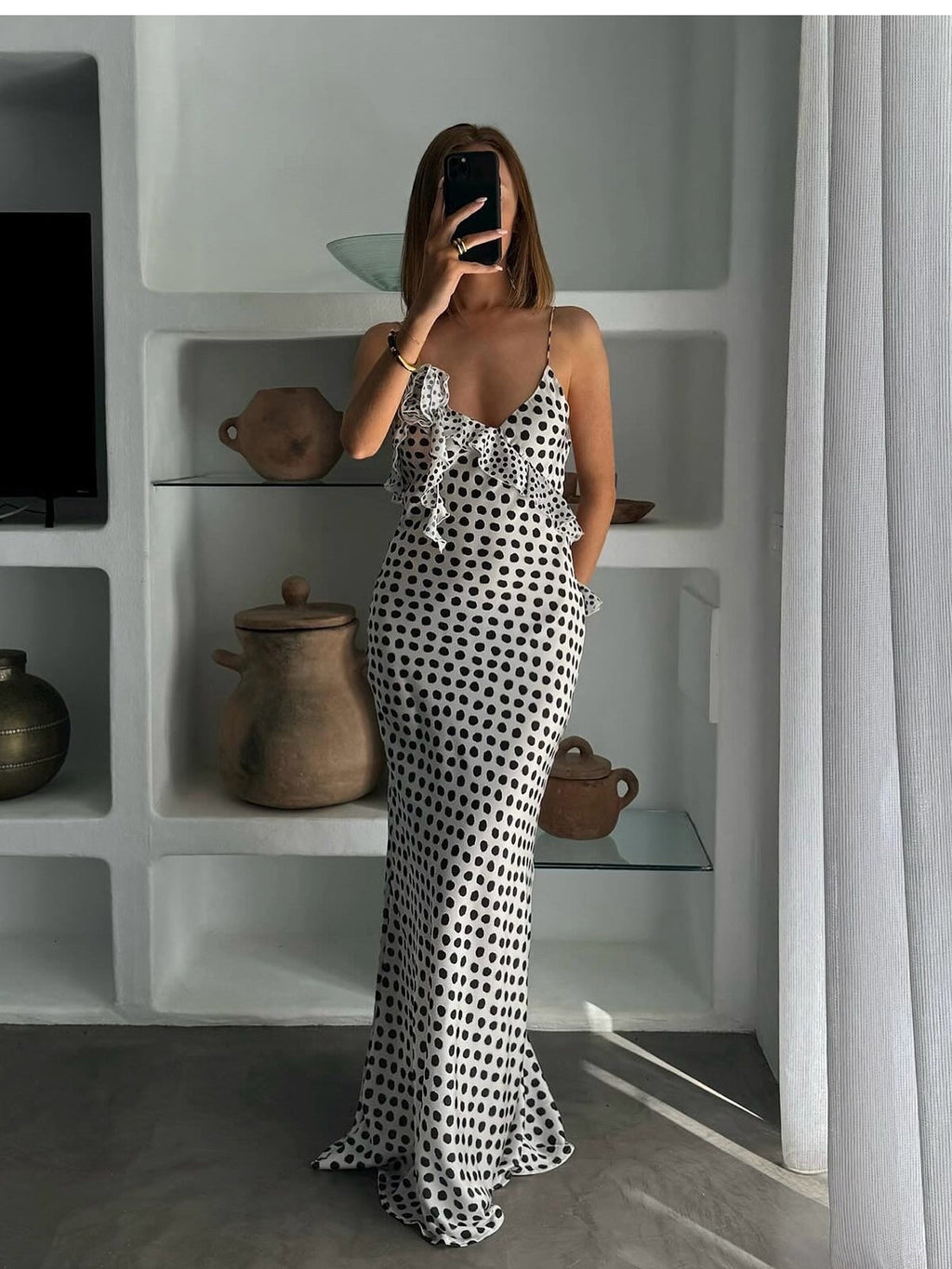 Ruffle Polka Dot Backless Cami Maxi Dress — Svelte Chic