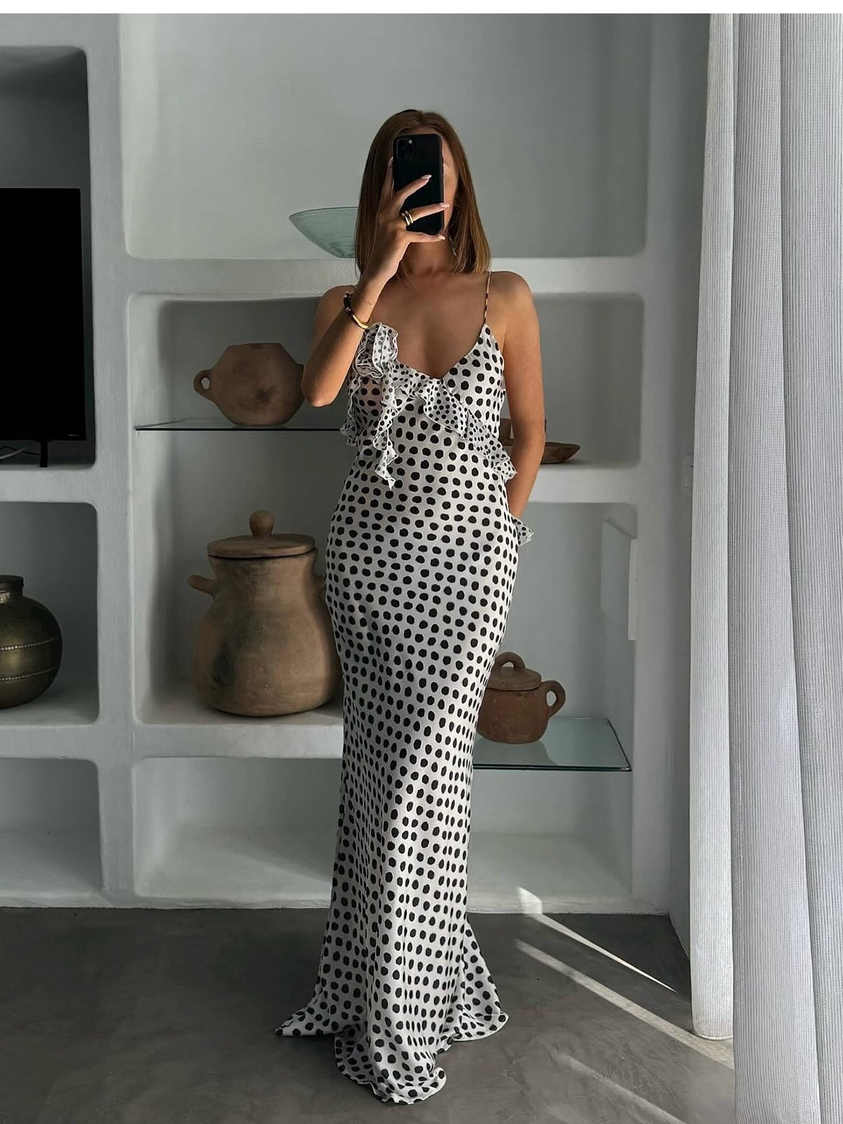 Ruffle Polka Dot Backless Cami Maxi Dress — Svelte Chic