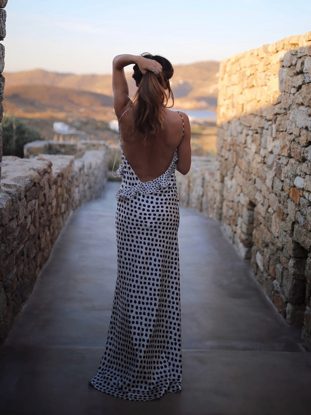 Ruffle Polka Dot Backless Cami Maxi Dress — Svelte Chic
