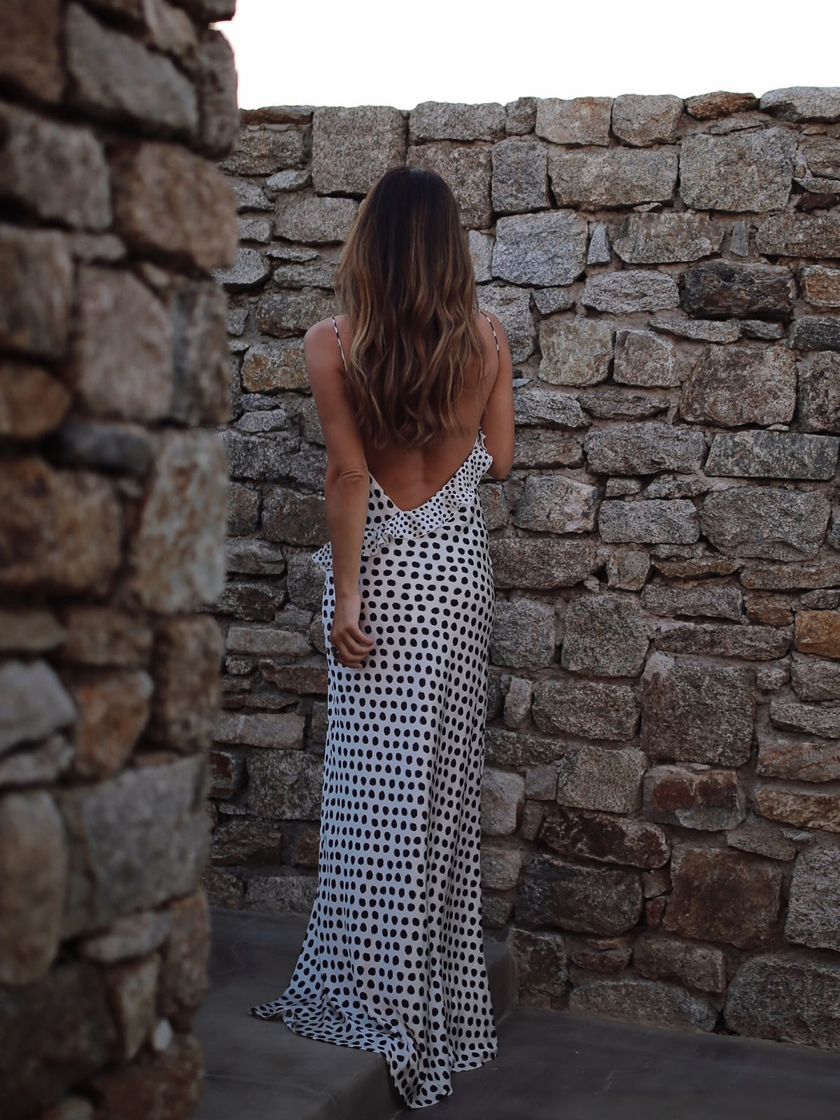 Ruffle Polka Dot Backless Cami Maxi Dress in Black — Svelte Chic