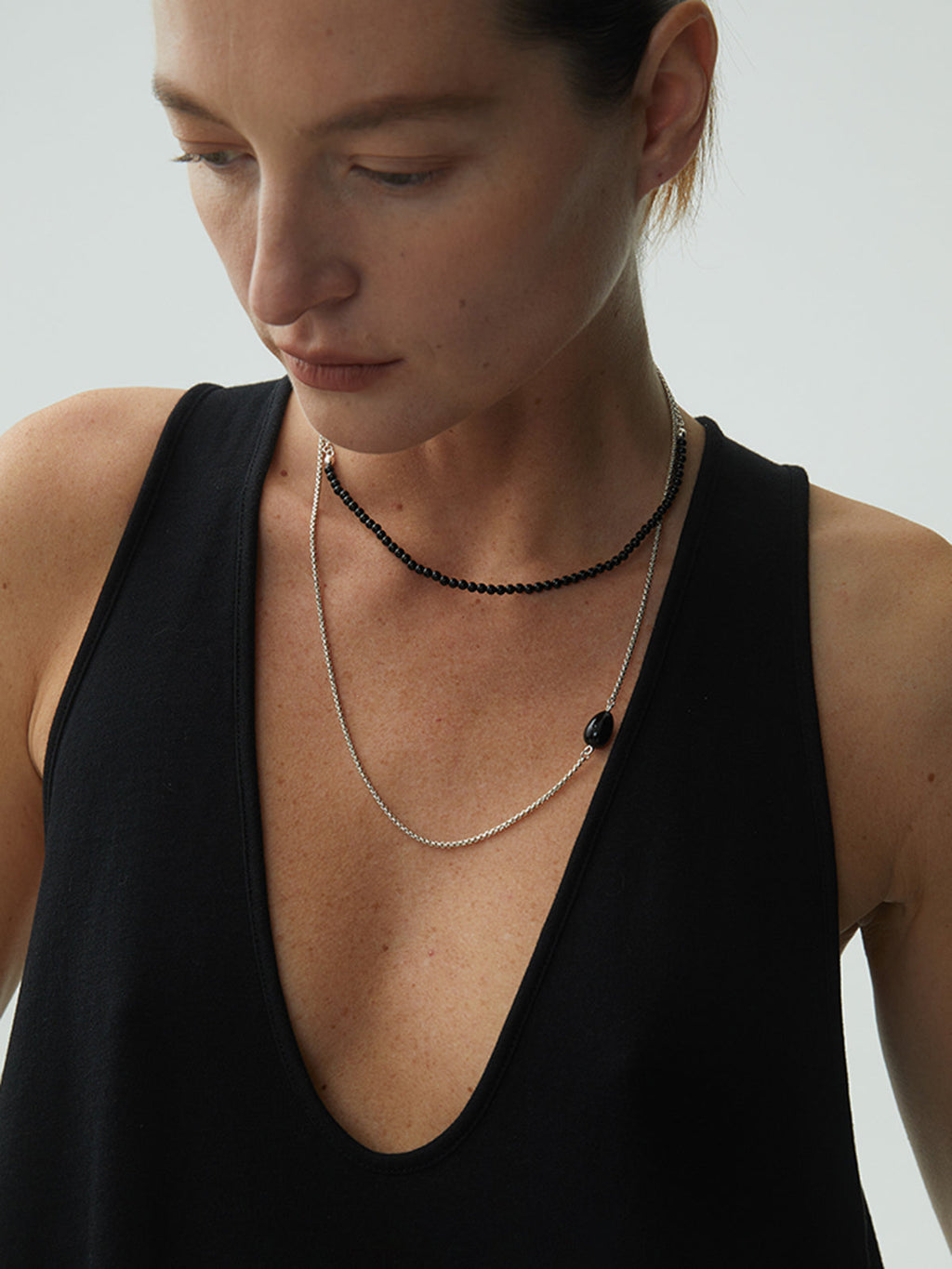 Black Onyx Beaded Necklace, 99 cm in Silver — Svelte Chic