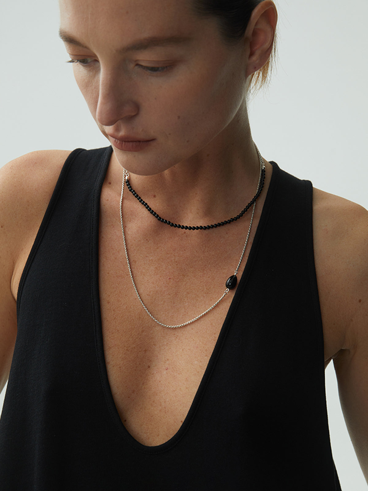 Black Onyx Beaded Necklace, 99 cm in Silver — Svelte Chic