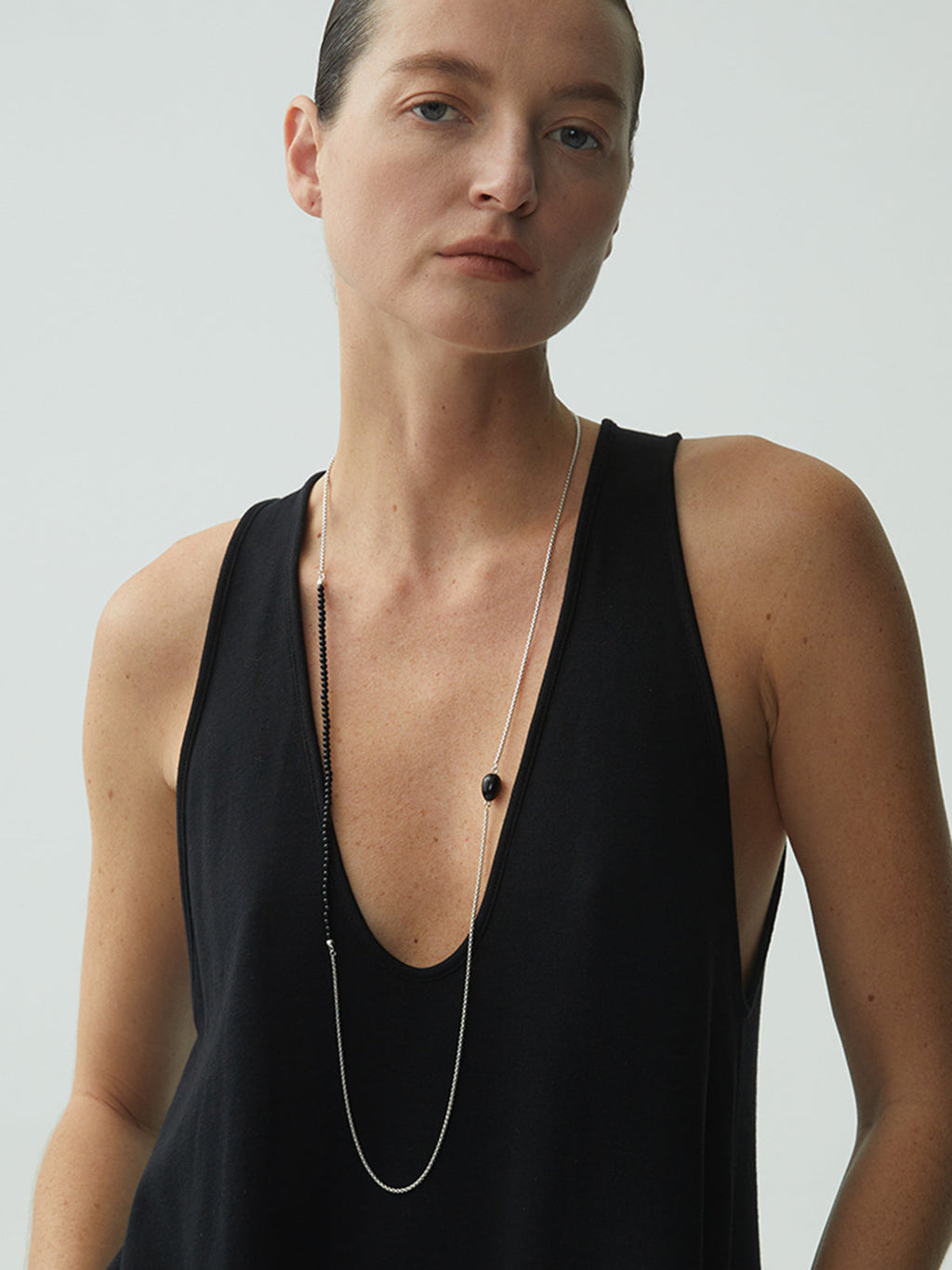 Black Onyx Beaded Necklace, 99 cm — Svelte Chic