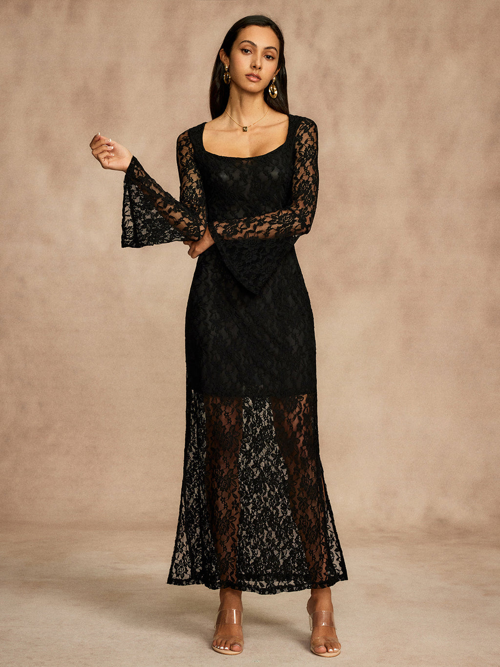Lace Bell Sleeve Maxi Dress in Black — Svelte Chic