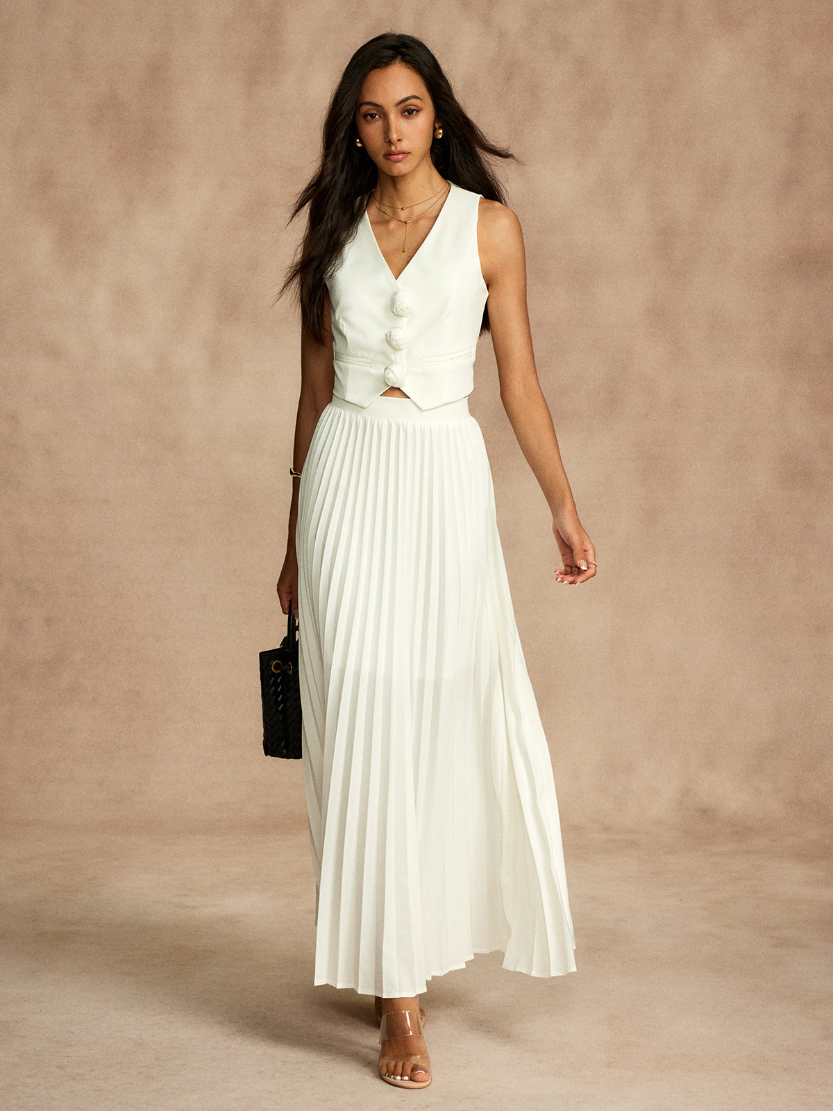 Rosette Vest and Pleated Skirt Set — Svelte Chic