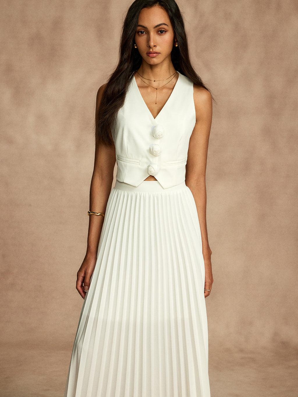 Rosette Vest and Pleated Skirt Set — Svelte Chic