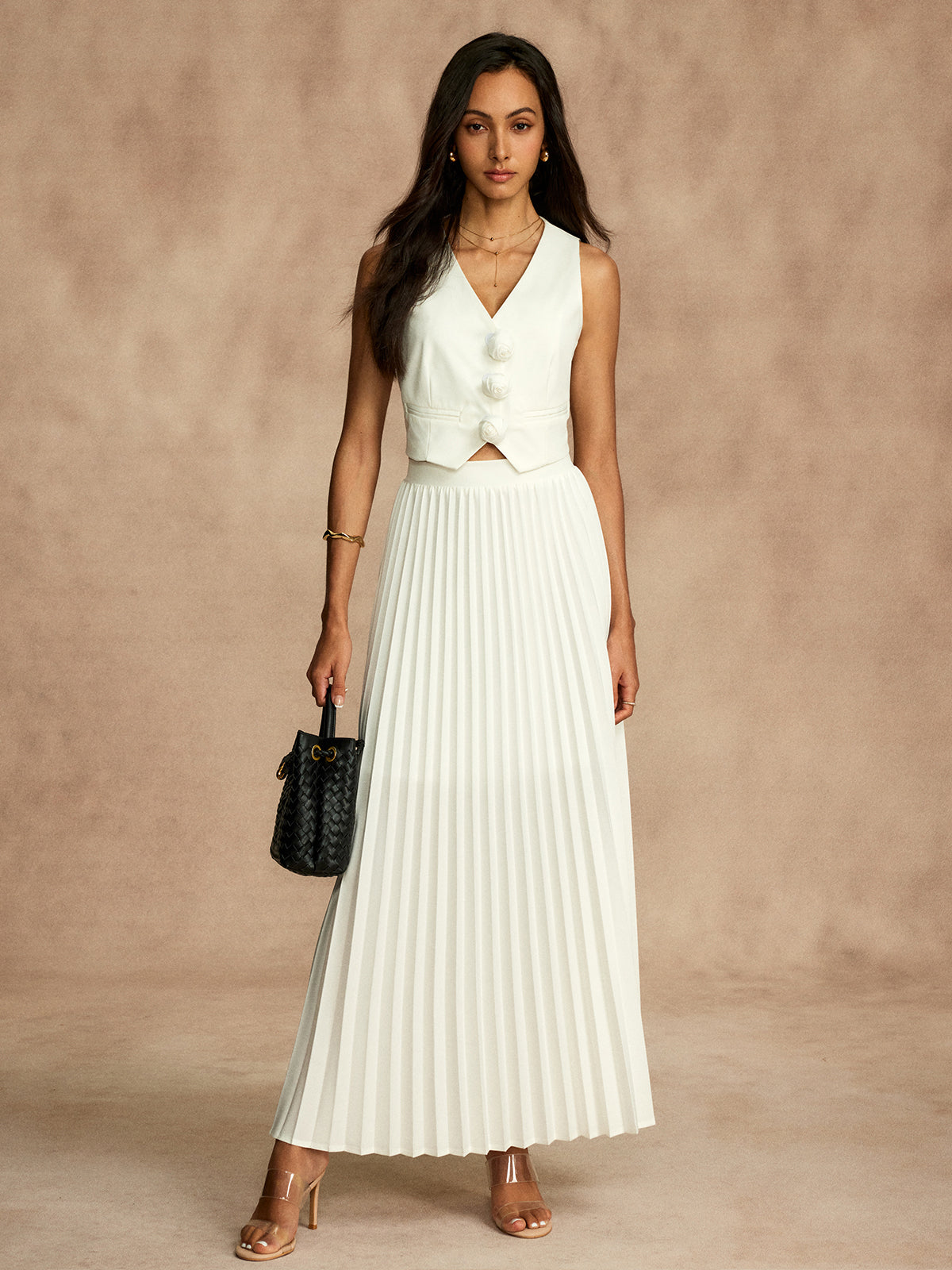 Rosette Vest and Pleated Skirt Set in White — Svelte Chic