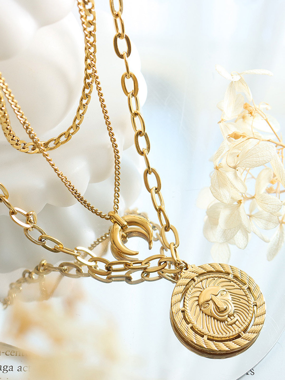 Layered Moon and Lion Circle Necklace — Svelte Chic