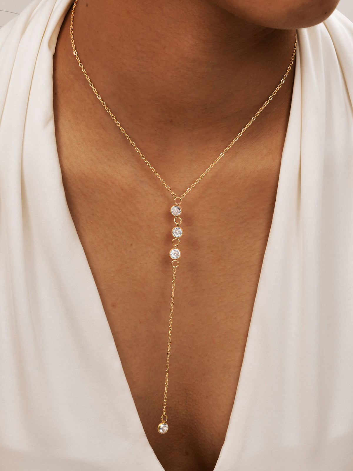 Rhinestone Lariat Drop Necklace in Gold — Svelte Chic