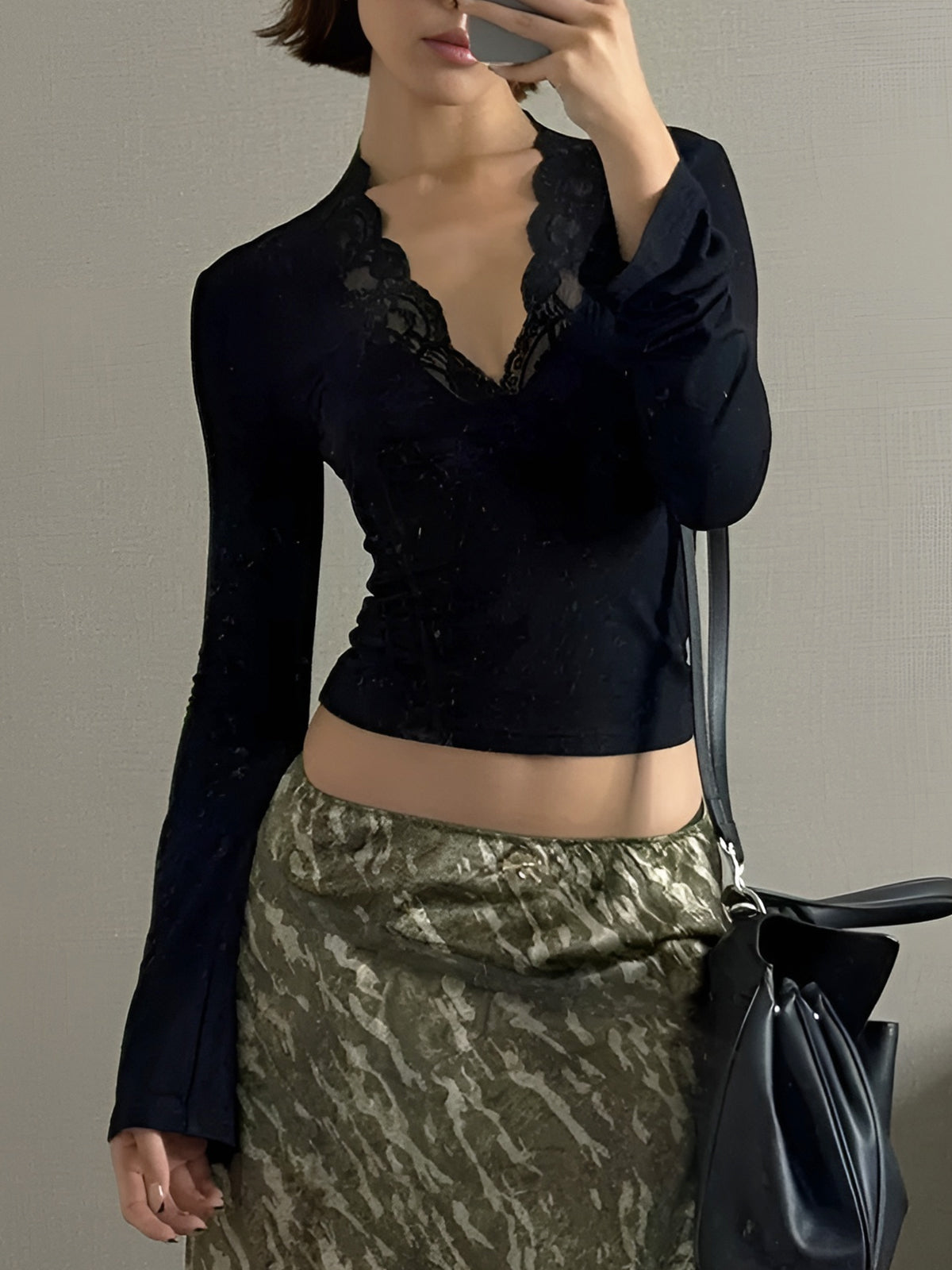 Lace Trim V-Neck Long Sleeve Top — Svelte Chic