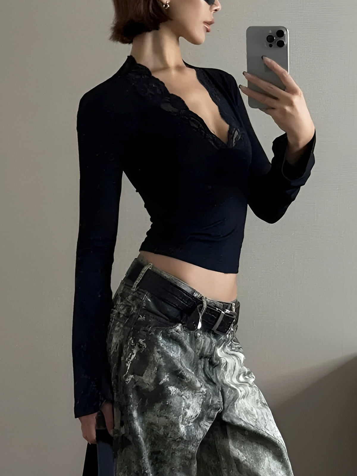Lace Trim V-Neck Long Sleeve Top — Svelte Chic