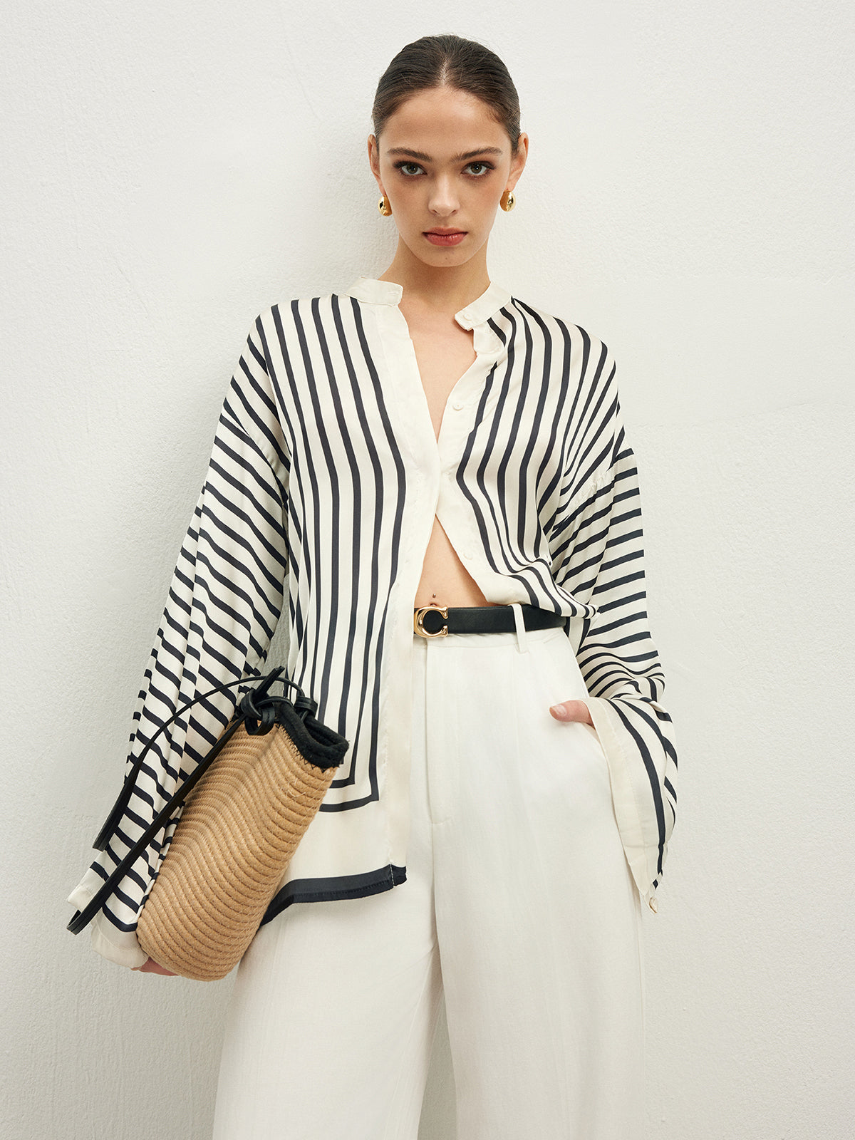 Satin Stripe Button Shirt in Off-White — Svelte Chic
