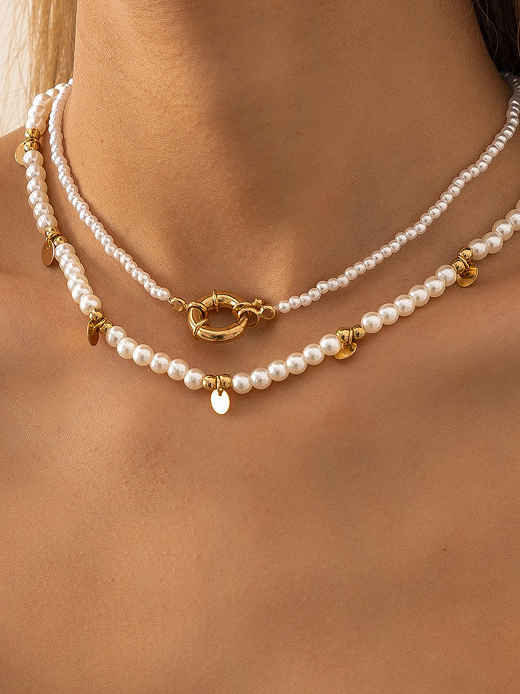 Pearl Beaded Hoop Necklace Set, 2 Pieces in Gold — Svelte Chic