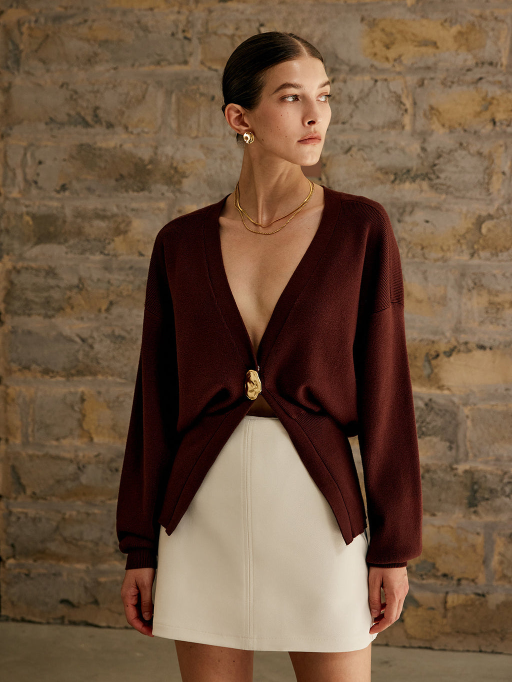 Gold Button Knit Cardigan in Dark Brown — Svelte Chic