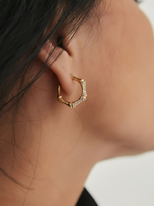 Bamboo Rhinestone Hoop Earrings in Gold — Svelte Chic