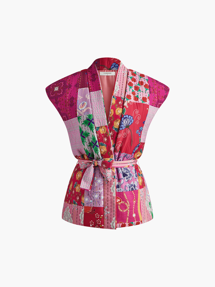 Kısa Kol Bohem Desenli Kemerli Yelek