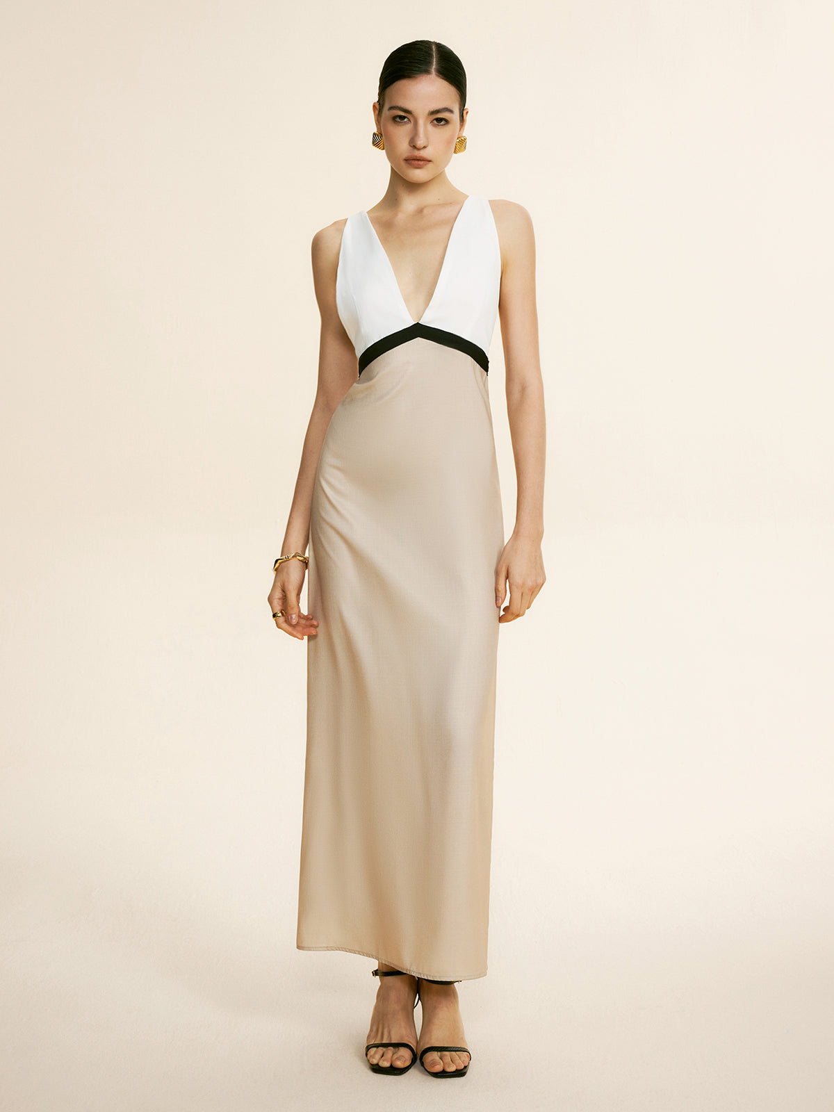 Patchwork Tie Back Maxi Dress in Beige — Svelte Chic