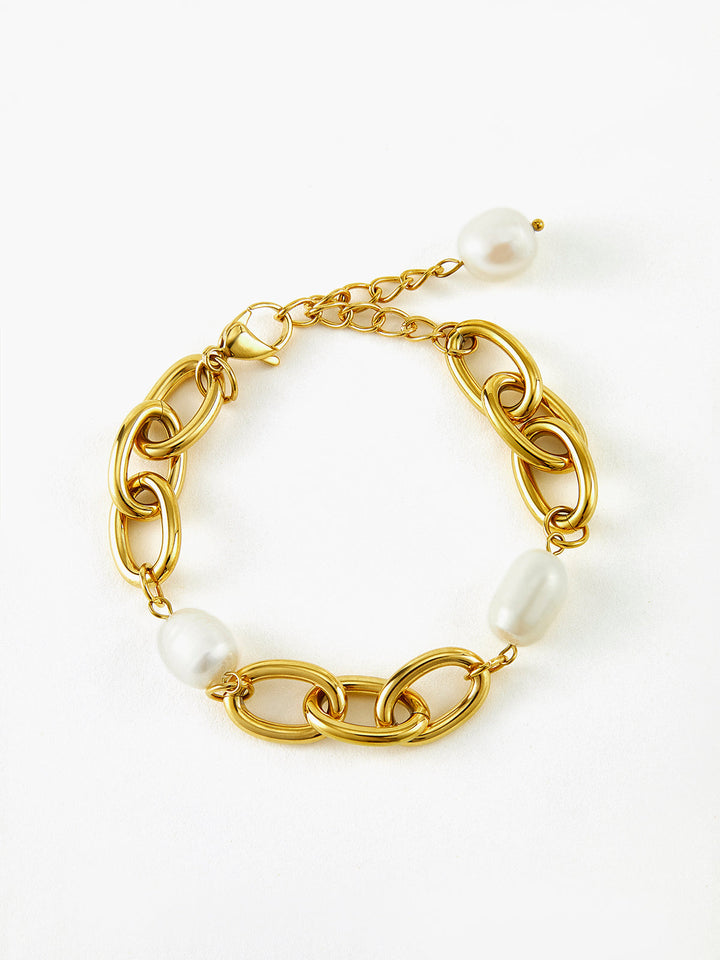 Oval İnci Altın Zincir Bilezik