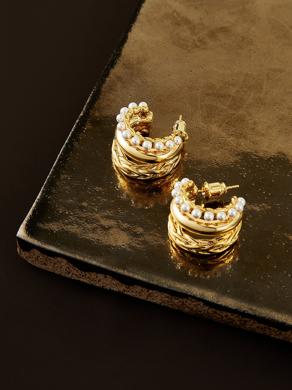 Triple Layer Pearl Hook Earrings in Gold — Svelte Chic