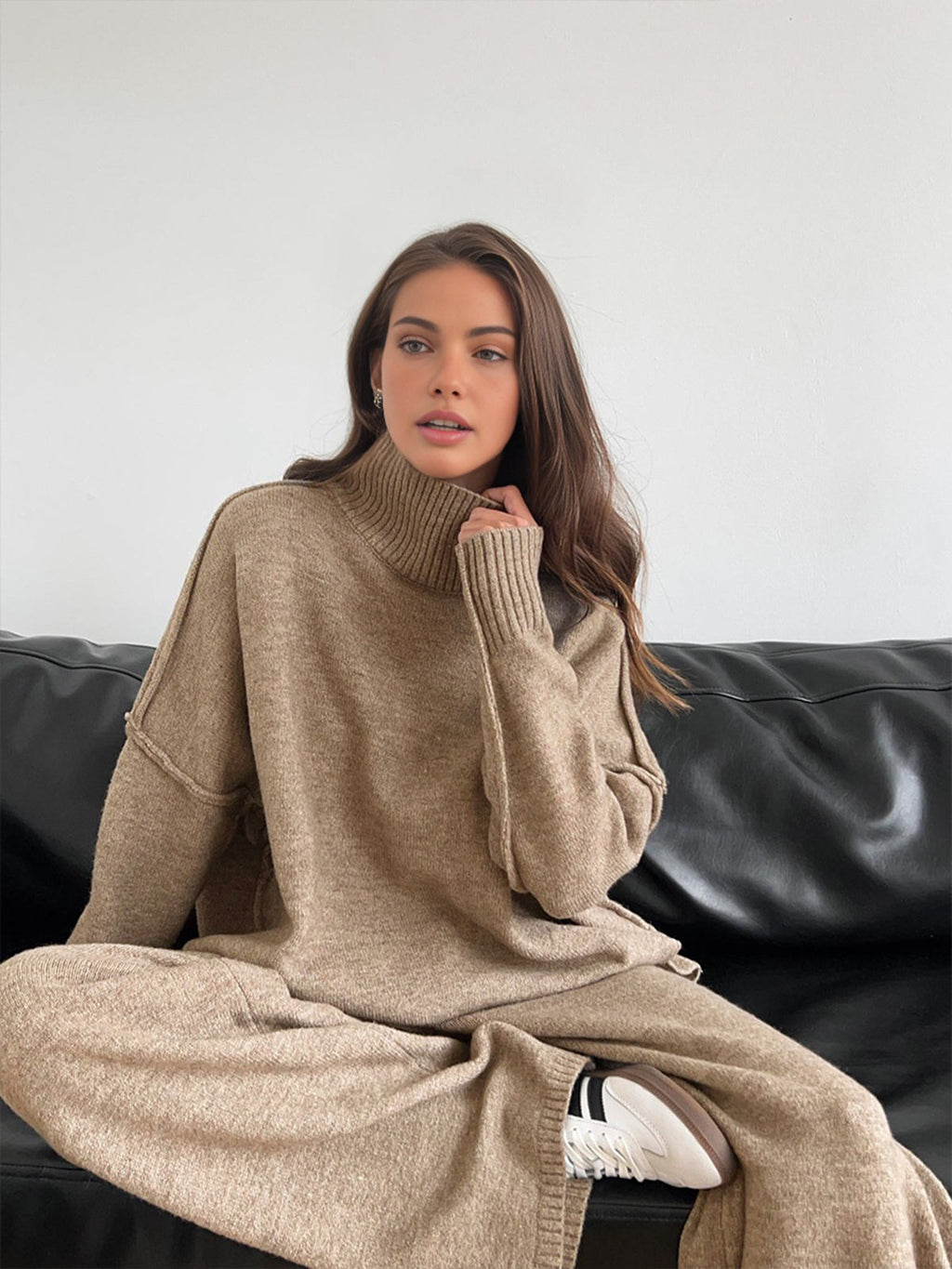 Turtleneck Knit Trouser Set in Brown — Svelte Chic