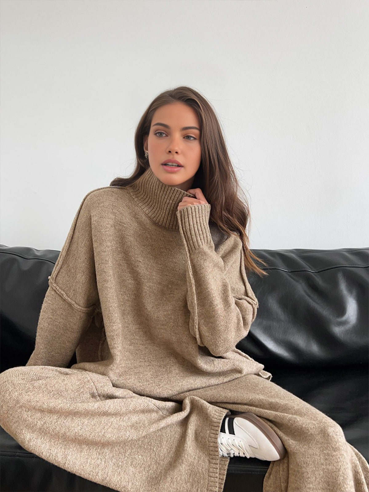 Turtleneck Knit Trouser Set in Brown — Svelte Chic