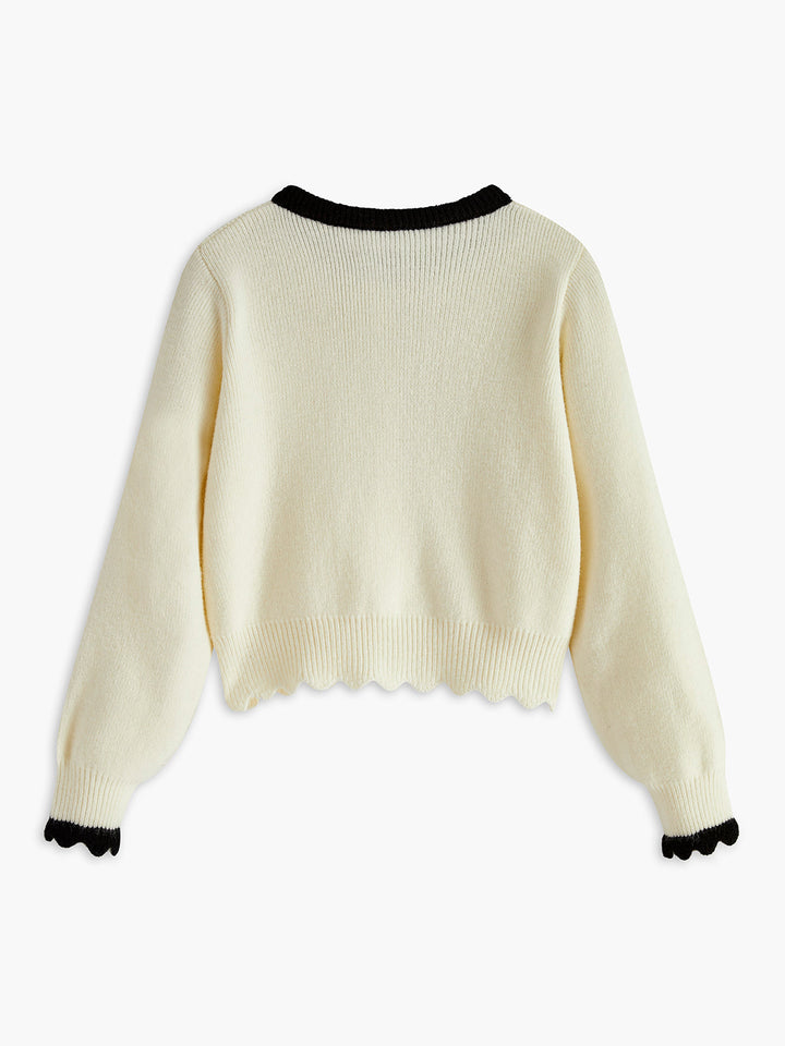 Zıt Renkli Kravat Yakalı Dalga Kenarlı Hırka