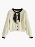 Tie Neck Wave Trim Cardigan in White — Svelte Chic