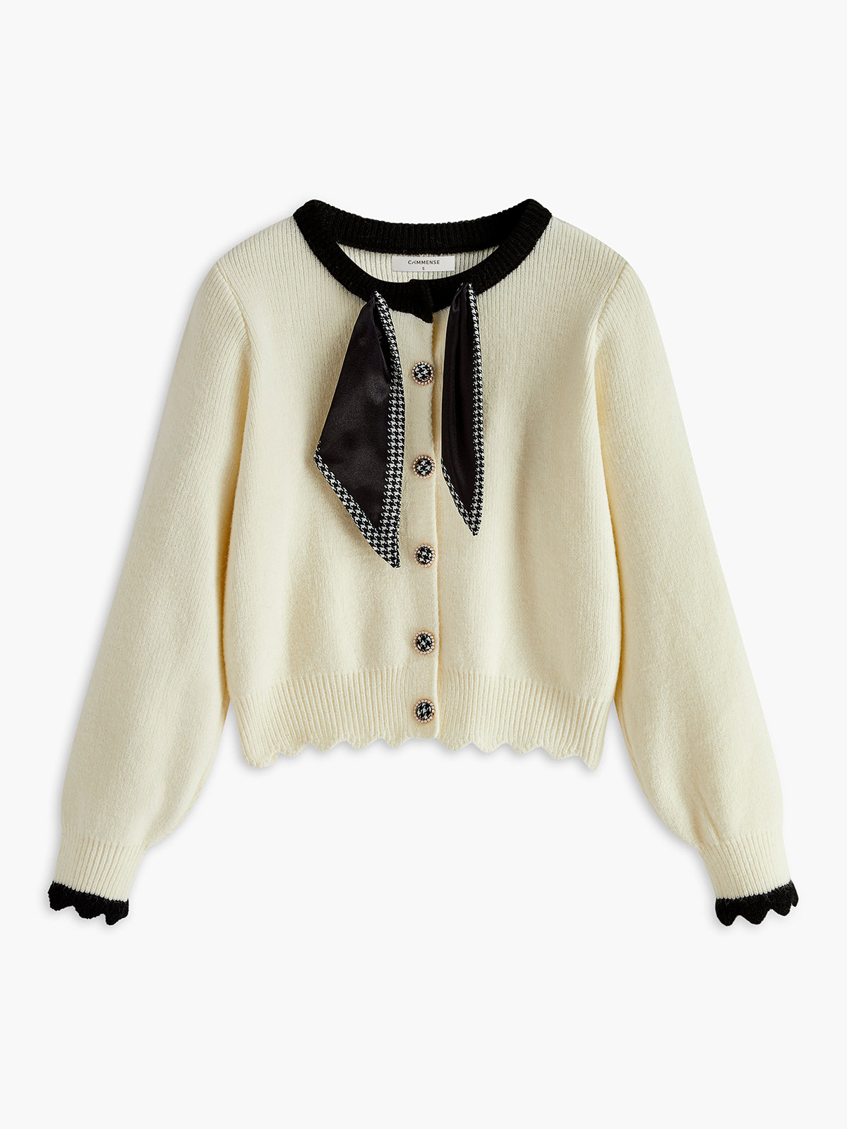 Tie Neck Wave Trim Cardigan in White — Svelte Chic