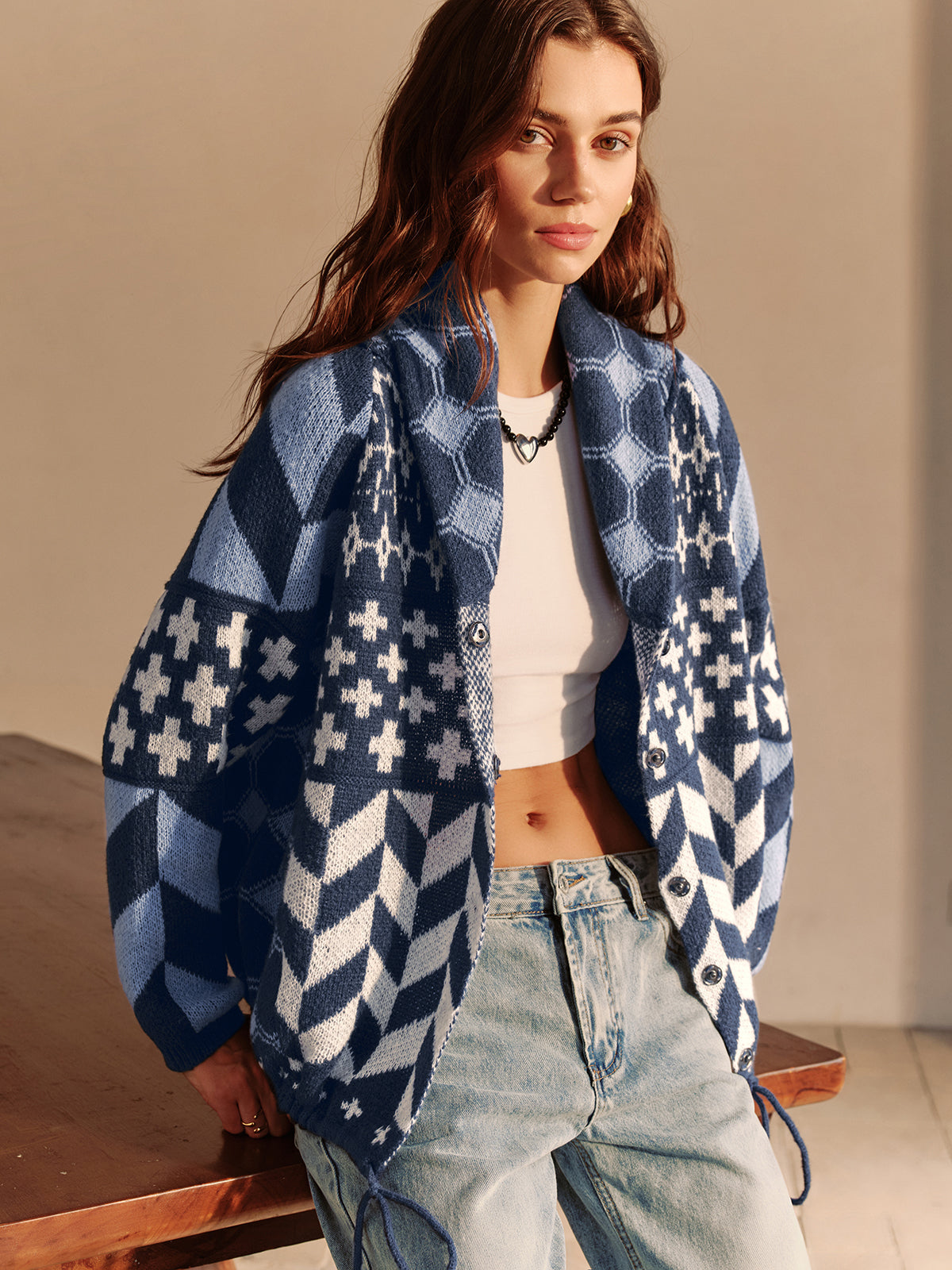 Bohème Print Lapel Cardigan in Blue — Svelte Chic