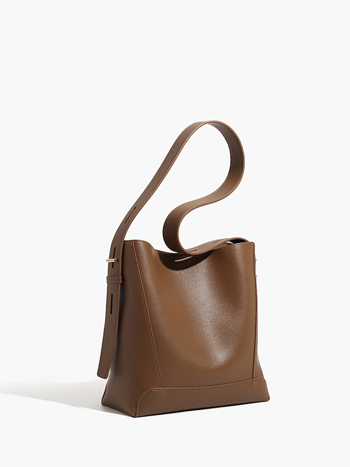 Soft Buckle Piped Bucket Bag in Brown — Svelte Chic