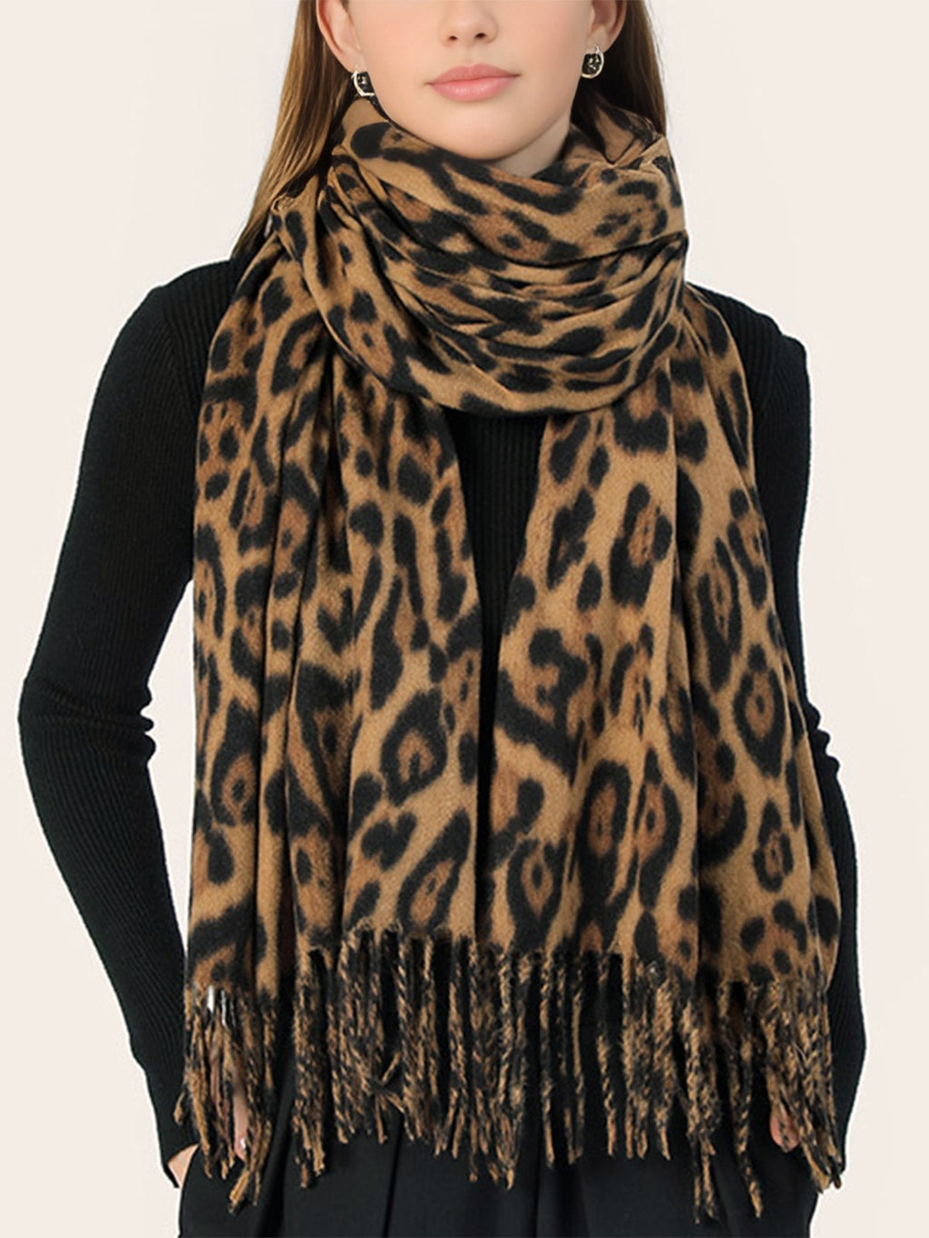 Leopard Print Pompom Scarf in Brown — Svelte Chic