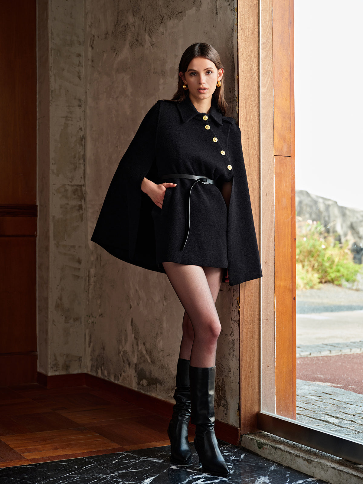 Gold Button Belted Cloak — Svelte Chic