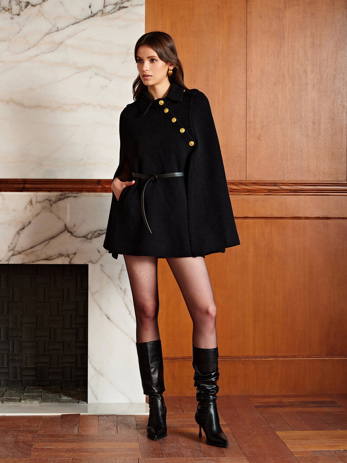 Gold Button Belted Cloak in Black — Svelte Chic