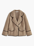 Contrast Embroidered Trim Fleece Jacket in Brown — Svelte Chic