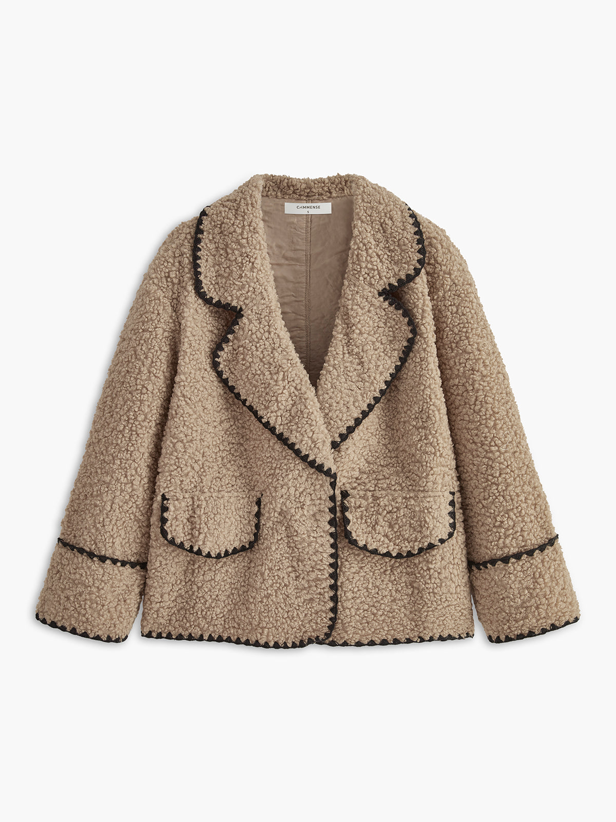 Contrast Embroidered Trim Fleece Jacket in Brown — Svelte Chic