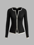 Contrast Trim Double Zip Knit Top in Black — Svelte Chic