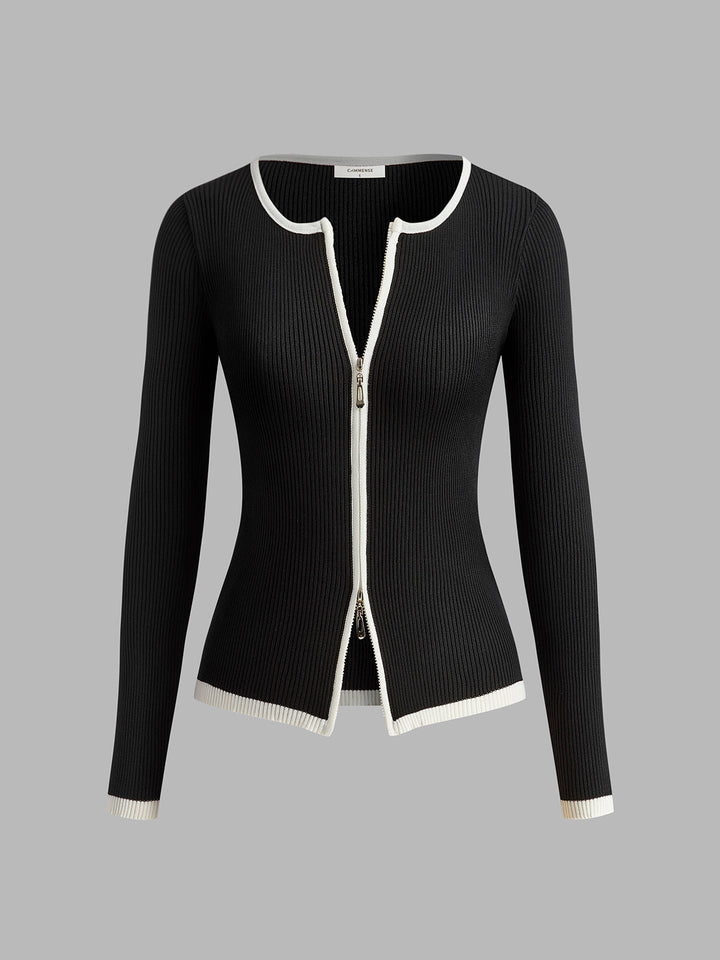 Kontrast Dikişli İki Fermuarlı Triko Üst