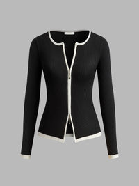 Kontrast Dikişli İki Fermuarlı Triko Üst