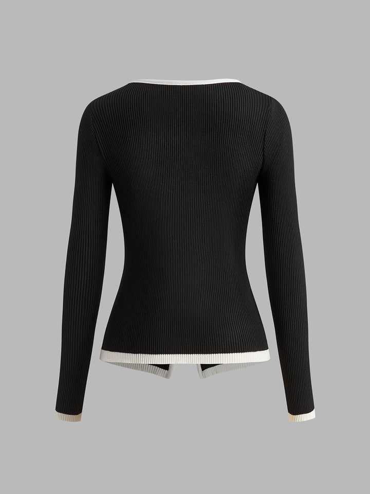 Kontrast Dikişli İki Fermuarlı Triko Üst