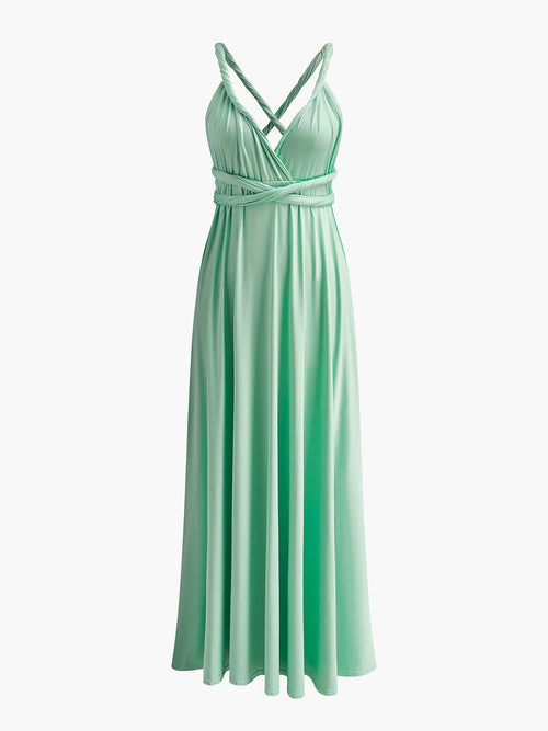Cross Back Belted Pleated Maxi Dress in Green — Svelte Chic