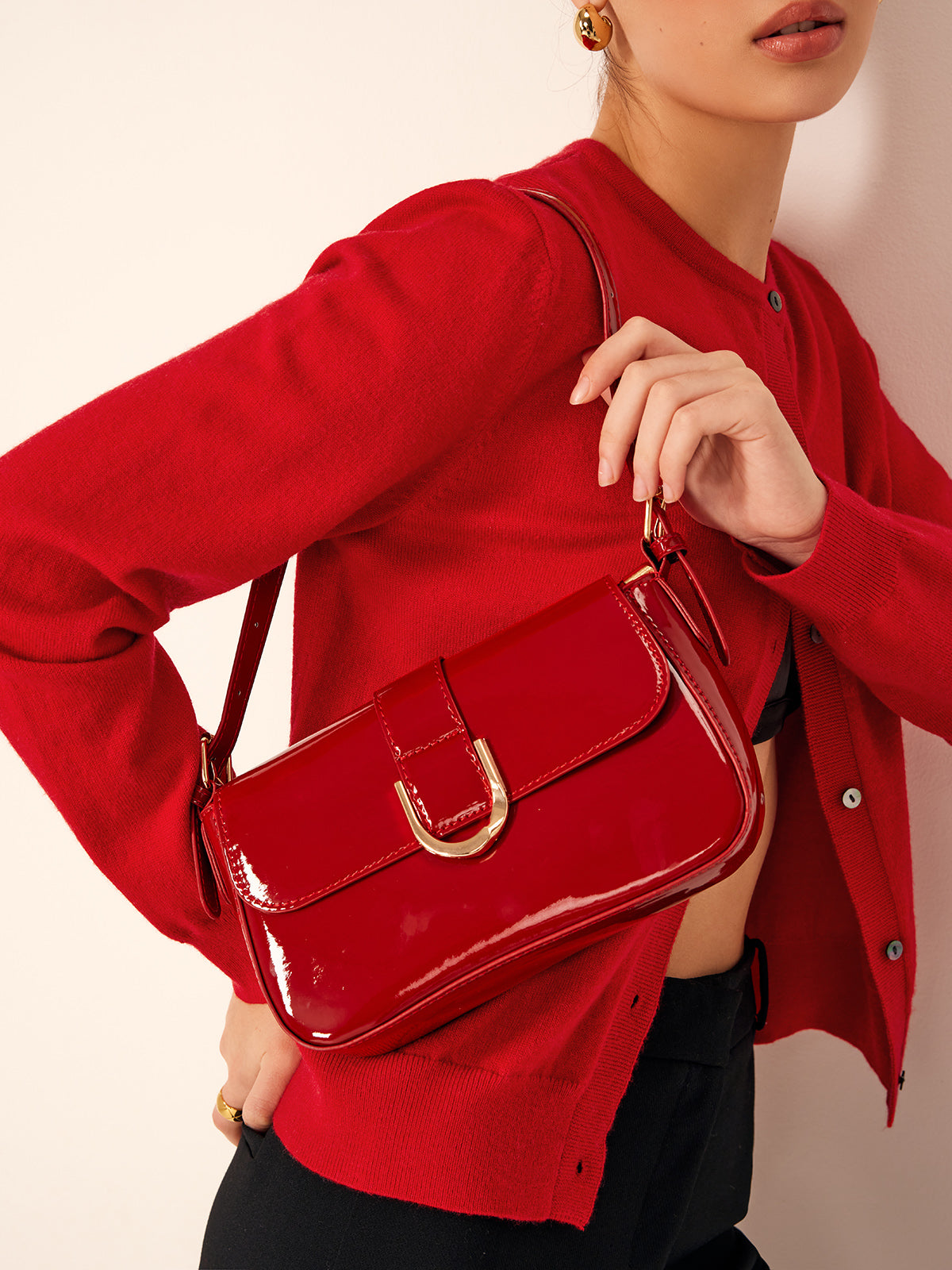 Glossy Buckle Flap Shoulder Bag — Svelte Chic