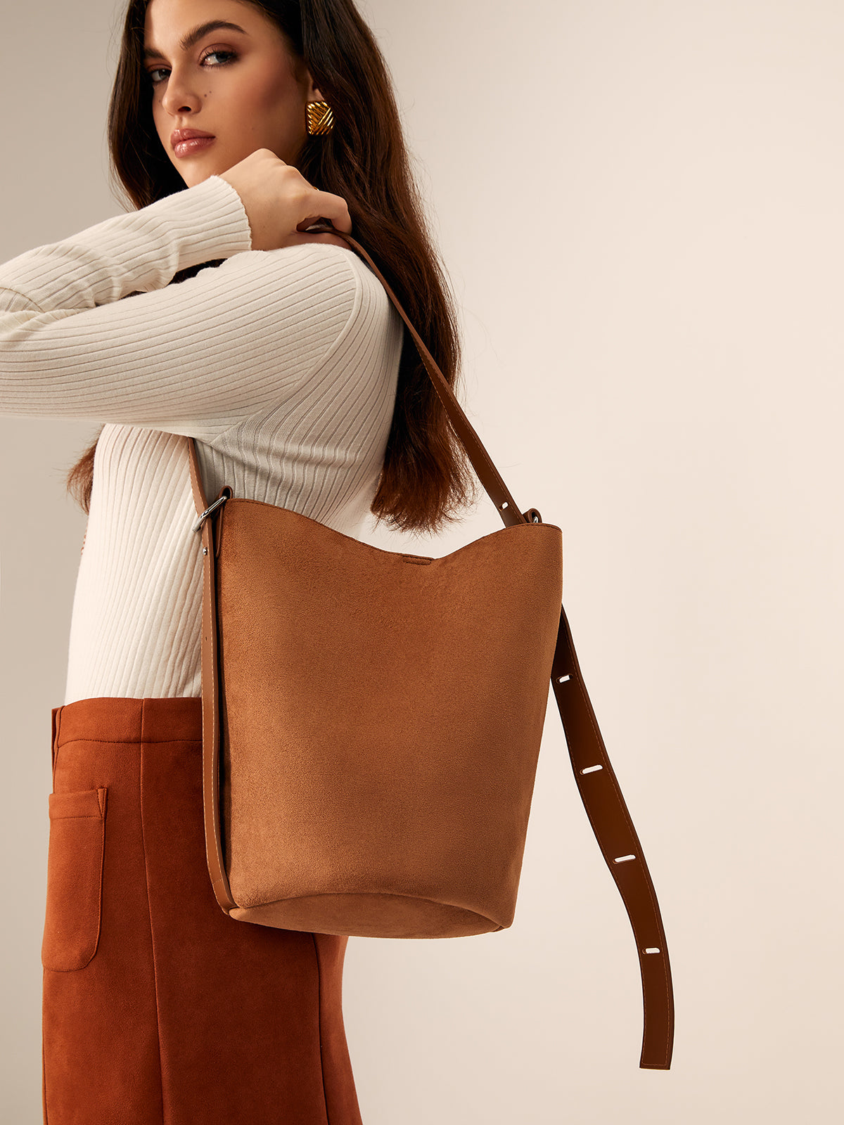 Large Buckle Bucket Bag in Brown — Svelte Chic