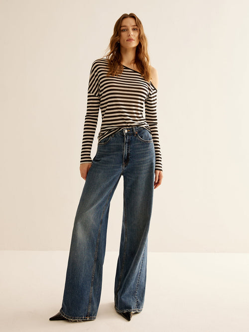 Asymmetric Collar Striped Long Sleeve Top — Svelte Chic